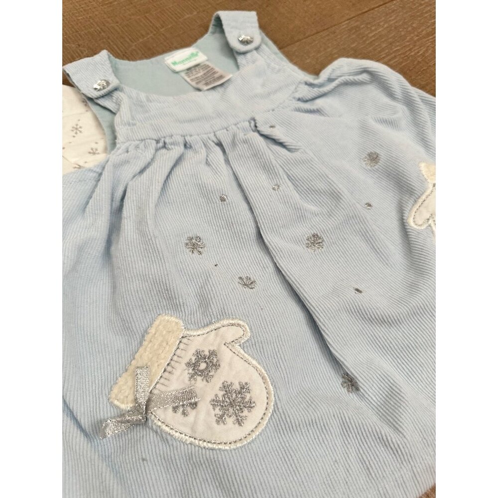 Nannette Baby 3/6M Blue Corduroy Dress & White Onesie Set With Snowflake Mitten - Picture 3 of 5